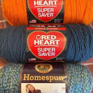 LOT OF THREE skeins of RED HEART and HOMESPUN acrylic yarns
